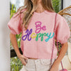 BiBi Metallic Letter Short Puff Sleeve Hairy Sweater - PINK