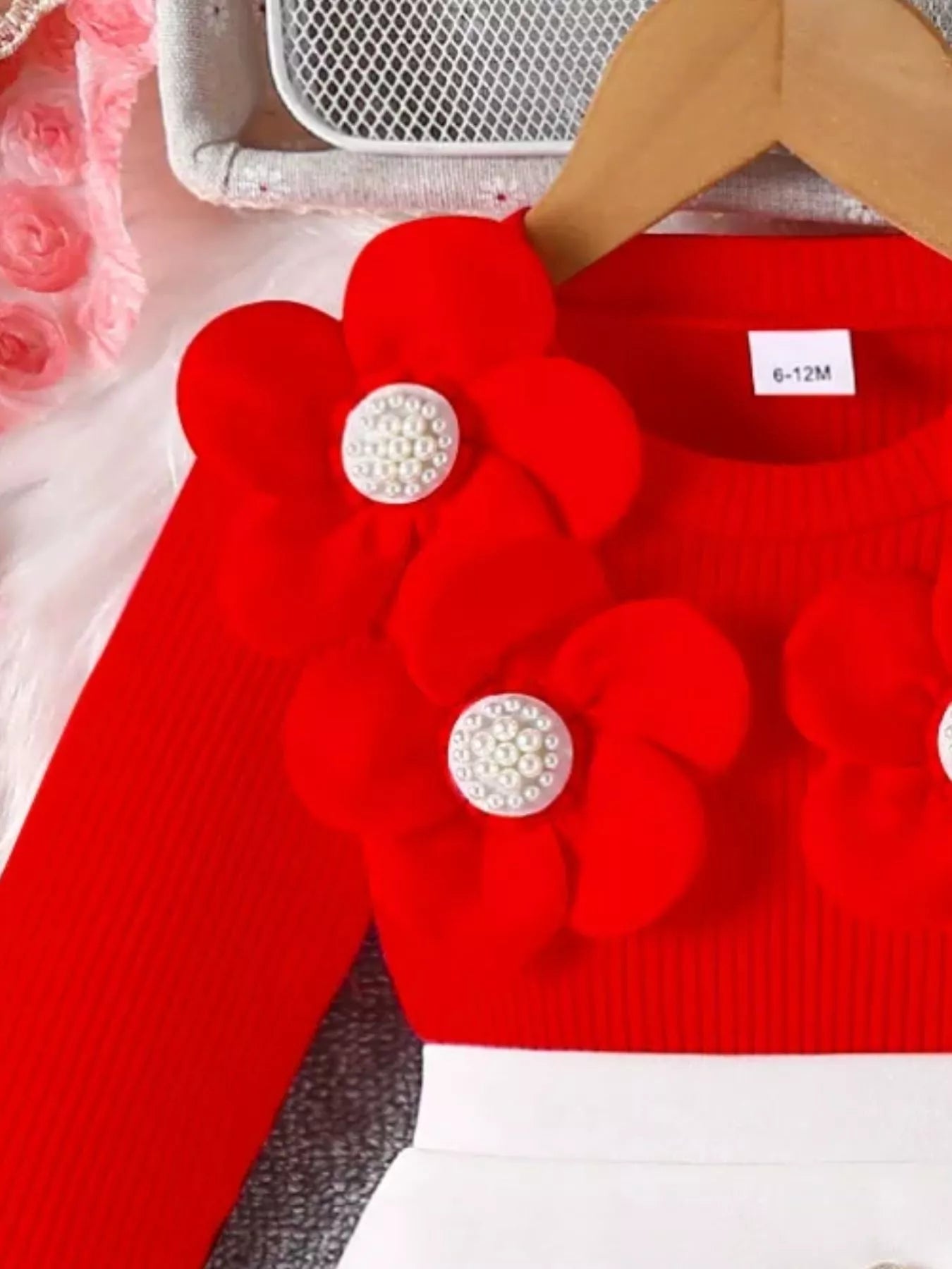 Children's Floral Applique Ribbed Top & Button Decor Skirt Set - Farnelli