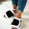Fuzzy Open Toe Flats Slippers - Black