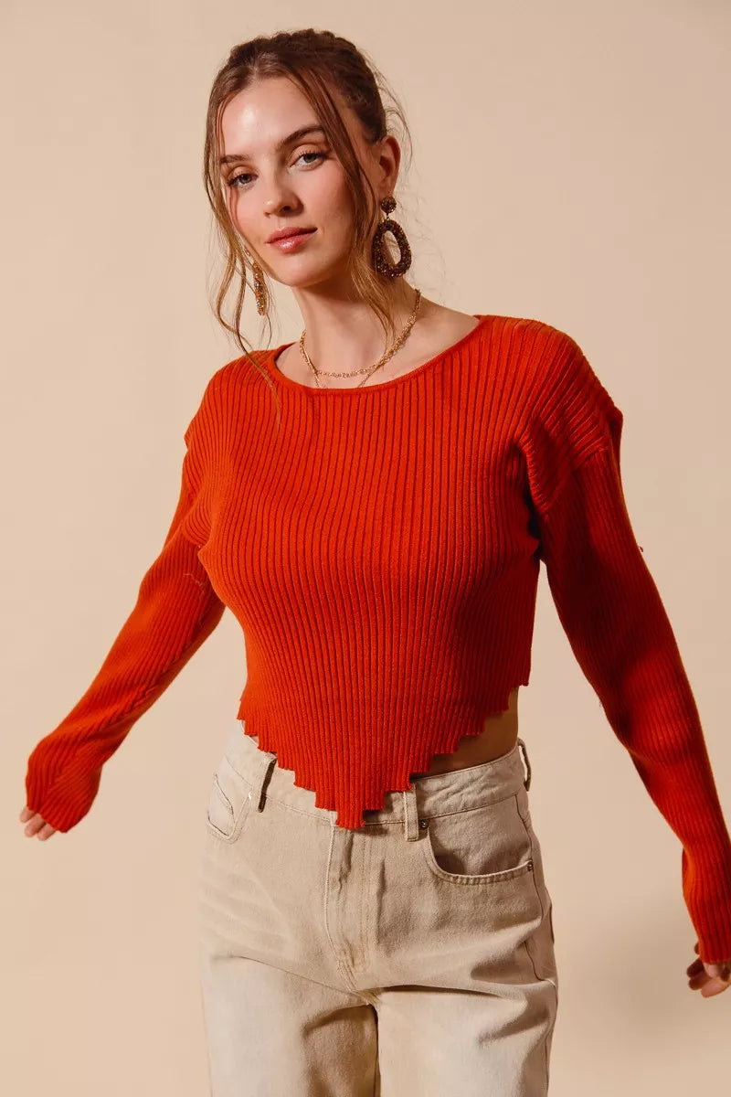 SO ME Rib Knitted Crop Sweater Top With Shaped Hem - Farnelli