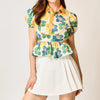 Umgee Floral Print Puff Sleeve Cropped Blouse - YELLOW/GREEN