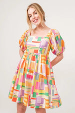 And The Why Square Neck Puff Sleeve Geo Printed Mini Dress - Farnelli