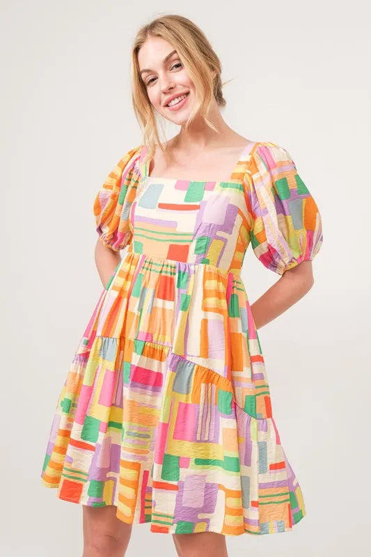 And The Why Square Neck Puff Sleeve Geo Printed Mini Dress - Farnelli