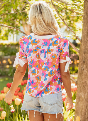 Aleia Floral Knotted Short Sleeve Blouse - Farnelli