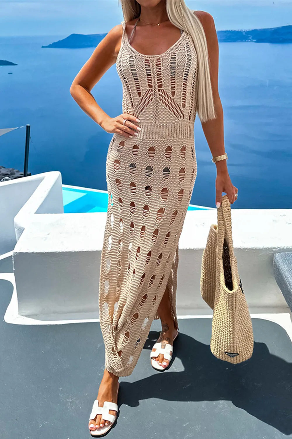 Openwork Slit Scoop Neck Sleeveless Cover Up - Farnelli