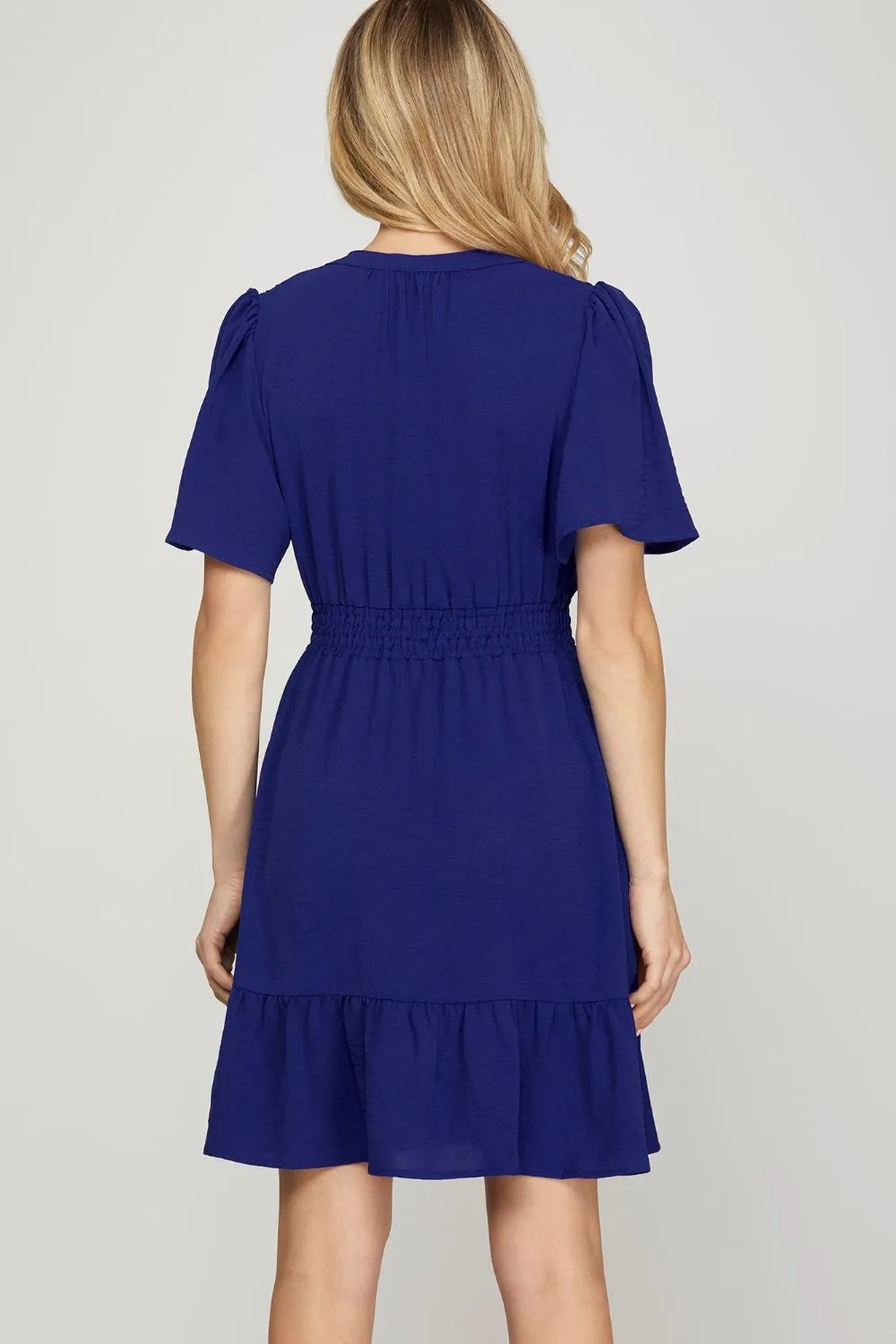 She + Sky Ruffled Hem Notched Flutter Sleeve Mini Dress - Farnelli