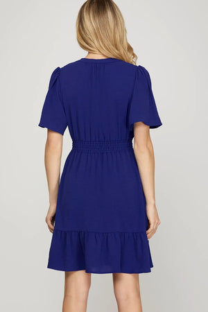 She + Sky Ruffled Hem Notched Flutter Sleeve Mini Dress - Farnelli
