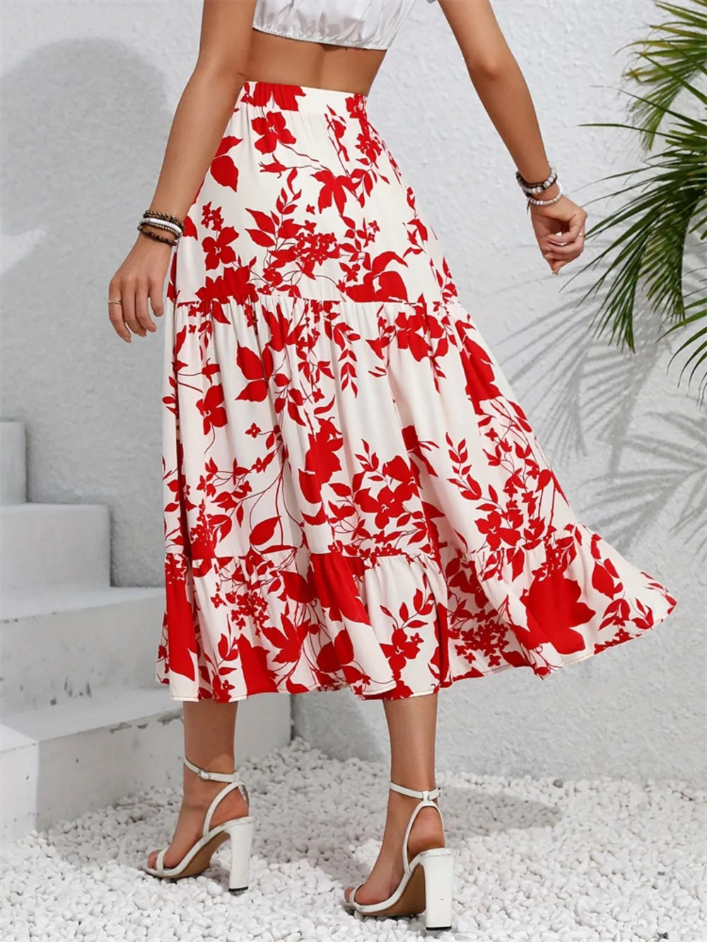 Ruffled Hem Printed Midi Skirt - Farnelli