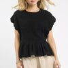 Umgee Linen Blend Smocked Peplum Blouse - Black