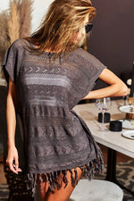 BiBi Fringed Hem Short Sleeve Knit Top - Farnelli