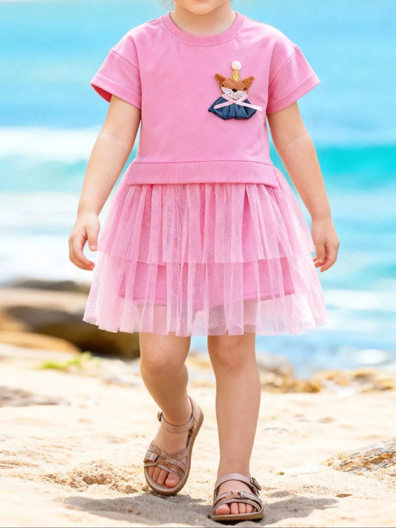 Children's Fox Applique Tulle Layered Dress - Farnelli