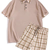 Men's Full Size Classic Plaid Collar Polo and Shorts Set Plus Size - Khaki