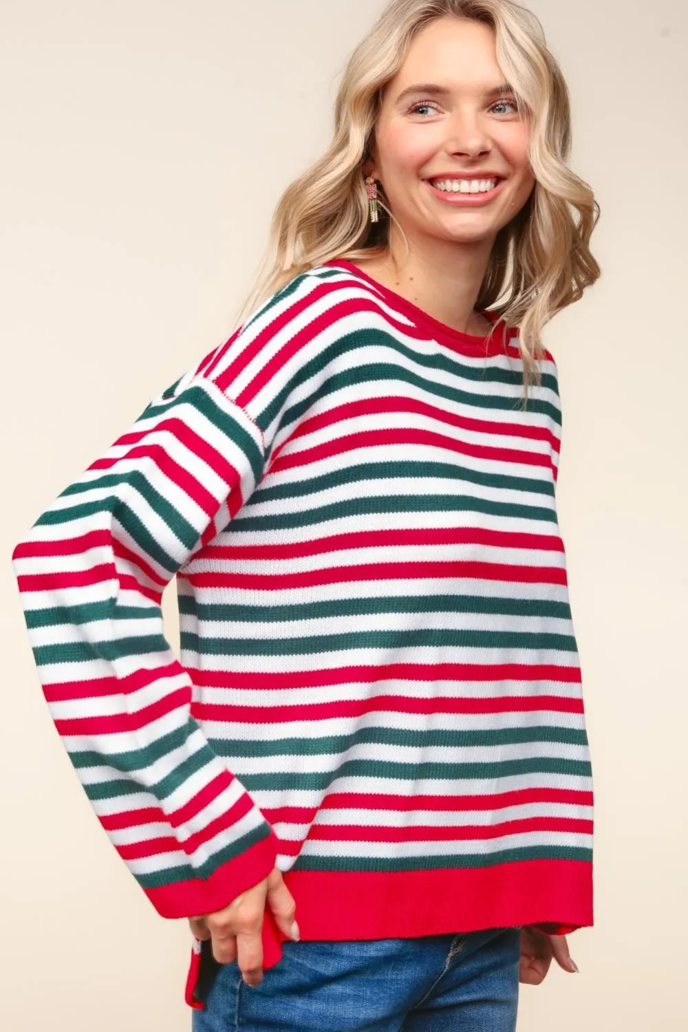 Haptics Full Size Striped Contrast Side Slit Knit Top - Farnelli