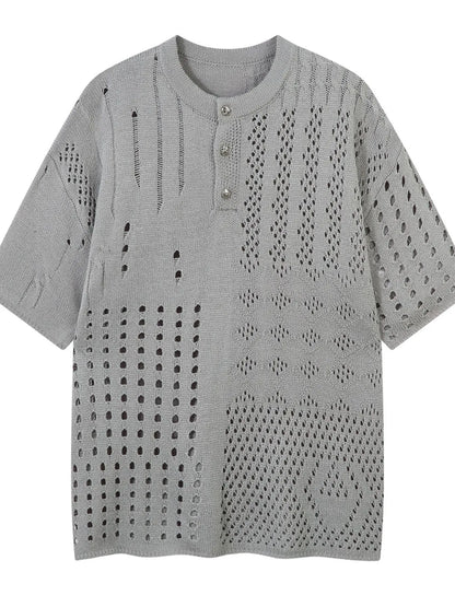 Men's Openwork Button Detail Knit Henley T-Shirt - Farnelli