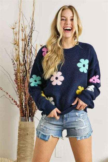 ADORA Full Size Flower Popped Sweater Plus Size - Farnelli