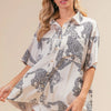 BiBi Leopard Print Short Sleeve Silky Satin Shirt Top - OATMEAL
