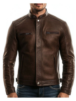 Men's brown leather jacket by Martin Jackets, featuring a classic design with smooth leather and stylish collar.