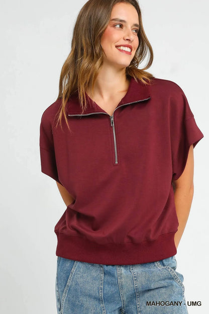 Umgee Full Size Half-Zip Short Sleeve Top Plus Size - Farnelli