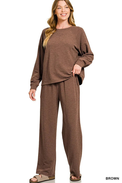 Zenana Slub Long Sleeve Top and Pants Lounge Set - Farnelli