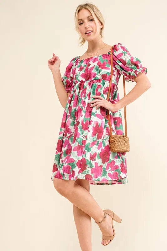 And The Why Smocked Floral Ruffle Short Sleeve Mini Dress - Farnelli