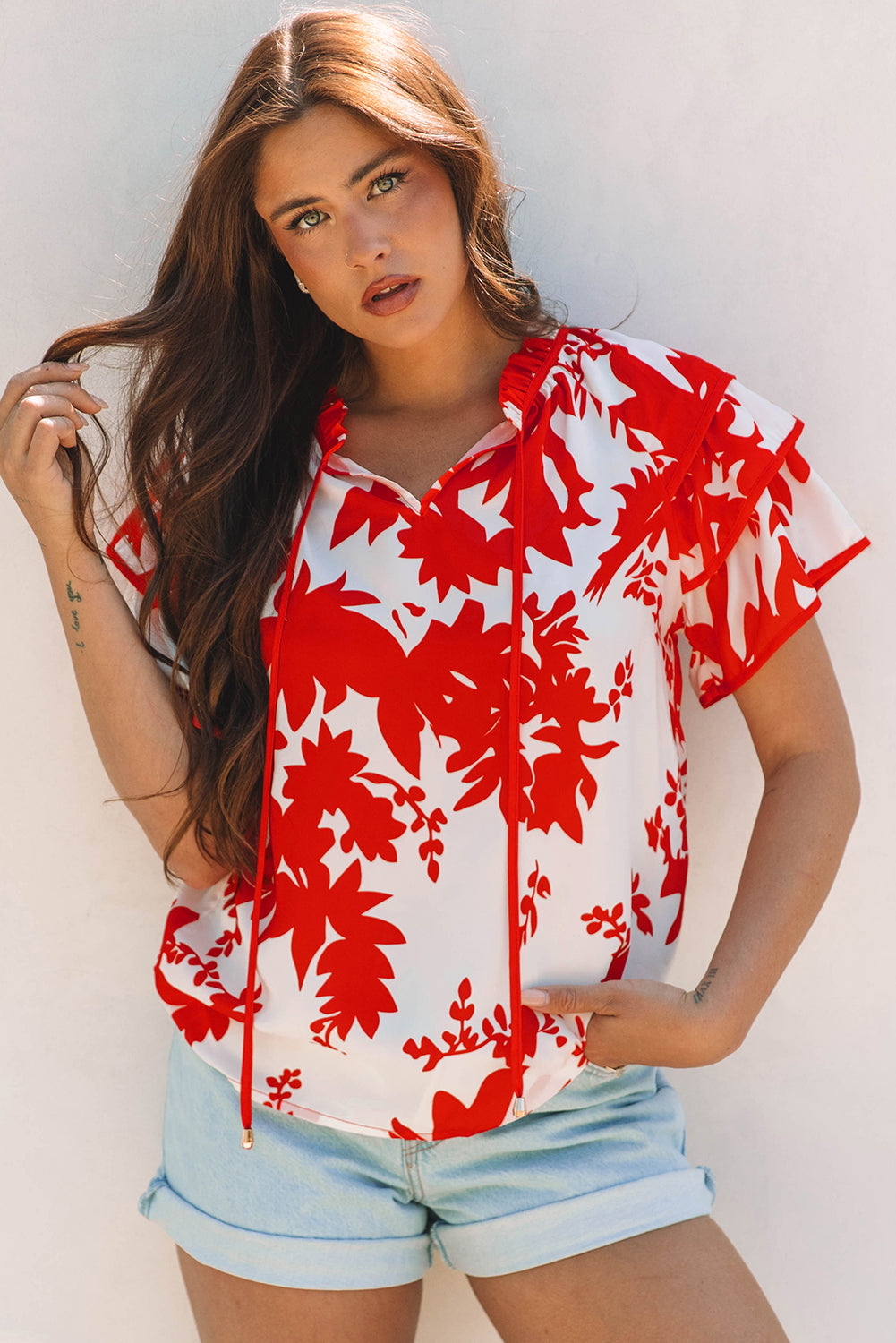 Zoya Tiered Ruffled Sleeve V Neck Blouse - Farnelli