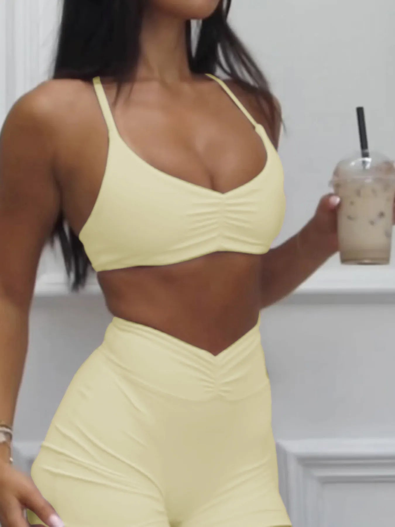 Ruched Sports Bra and High-Waisted Shorts Active Set - Farnelli