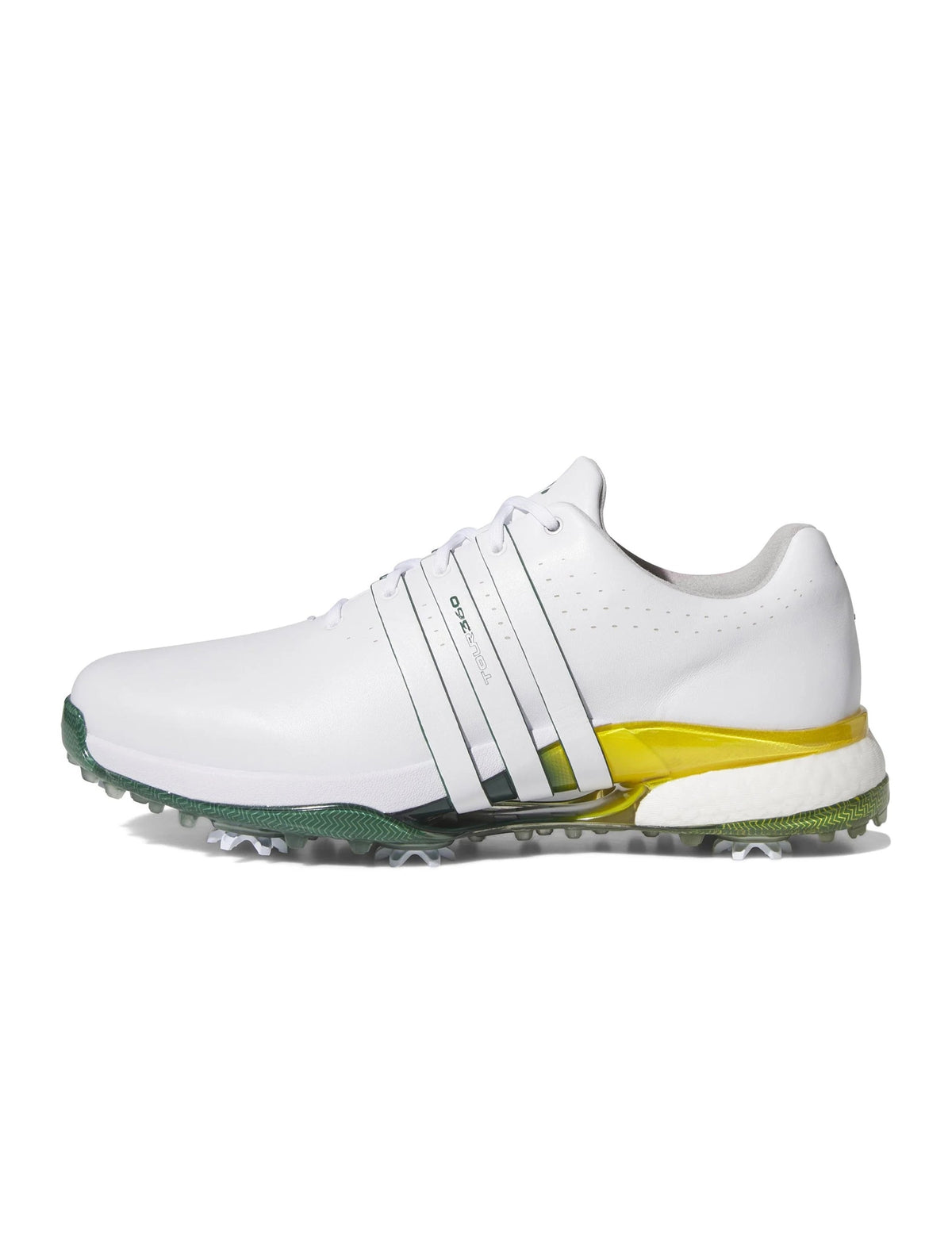White Adidas Men's Tour 360 golf shoes with sporty design and supportive soles, ideal for on-course comfort and performance.