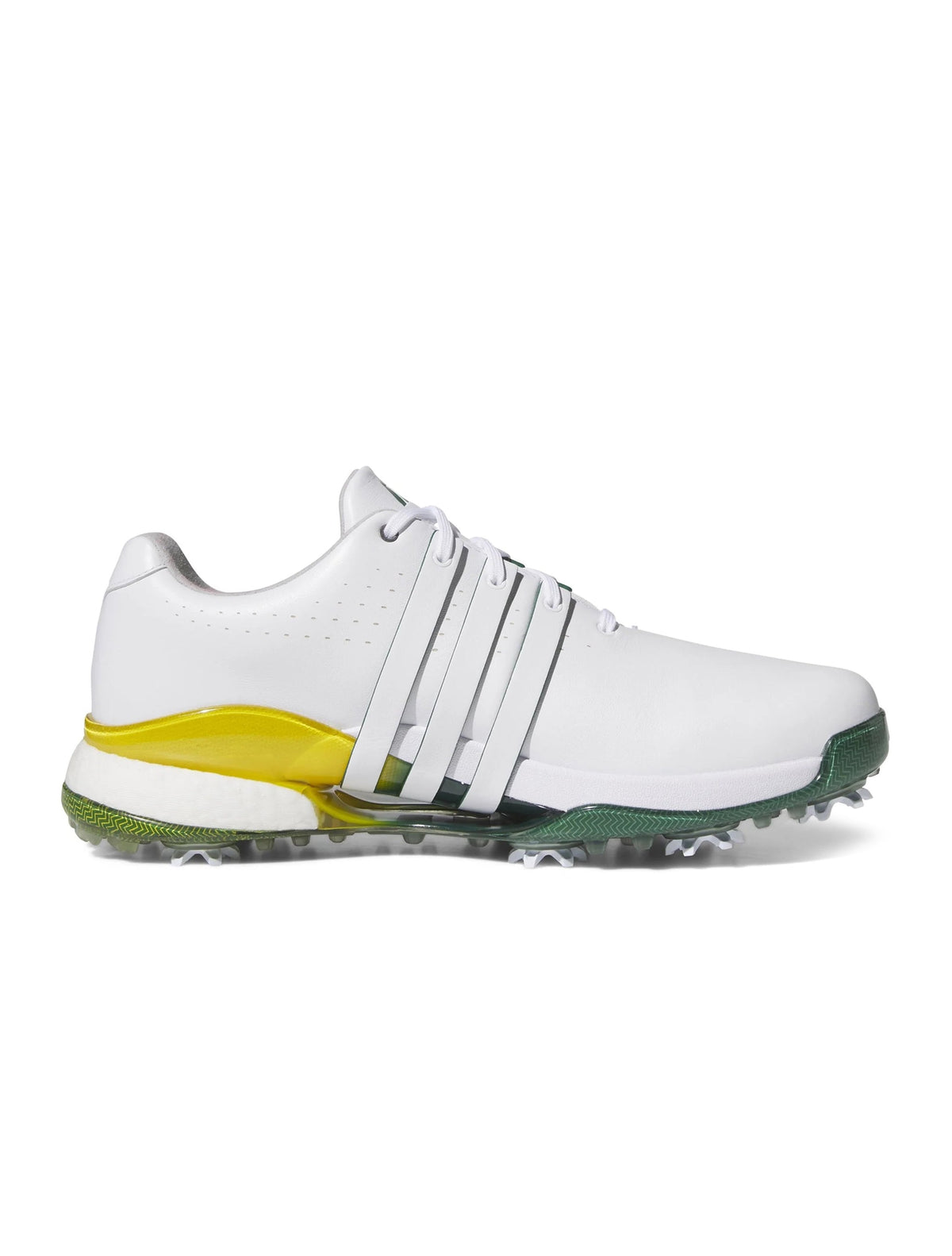 Adidas Men's Tour 360 golf shoes in white, showing the sporty design and textured sole for optimal grip and comfort.