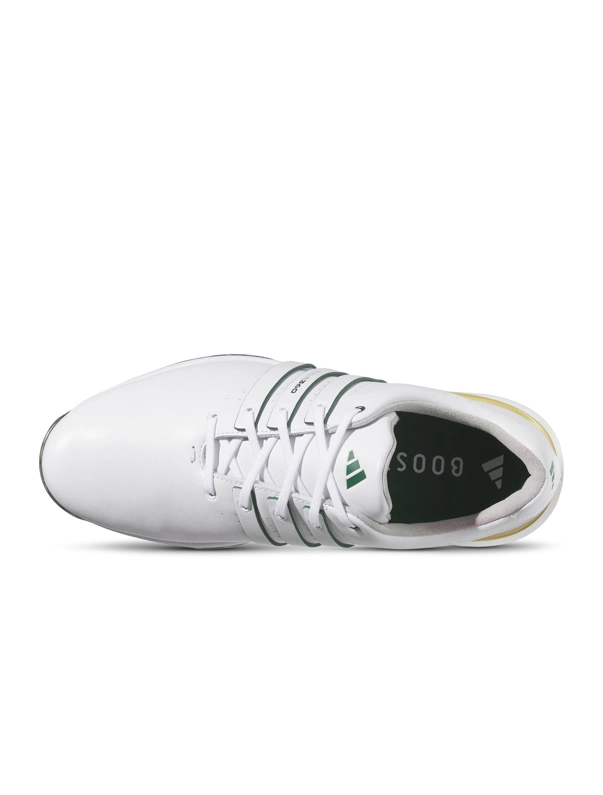 White Adidas Men's Tour 360 golf shoes with supportive sole and sleek design, perfect for on-course performance and style.