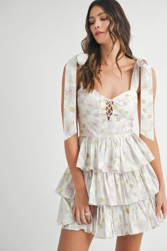 MABLE Floral Print Shoulder Tie Layered Mini Dress - Farnelli
