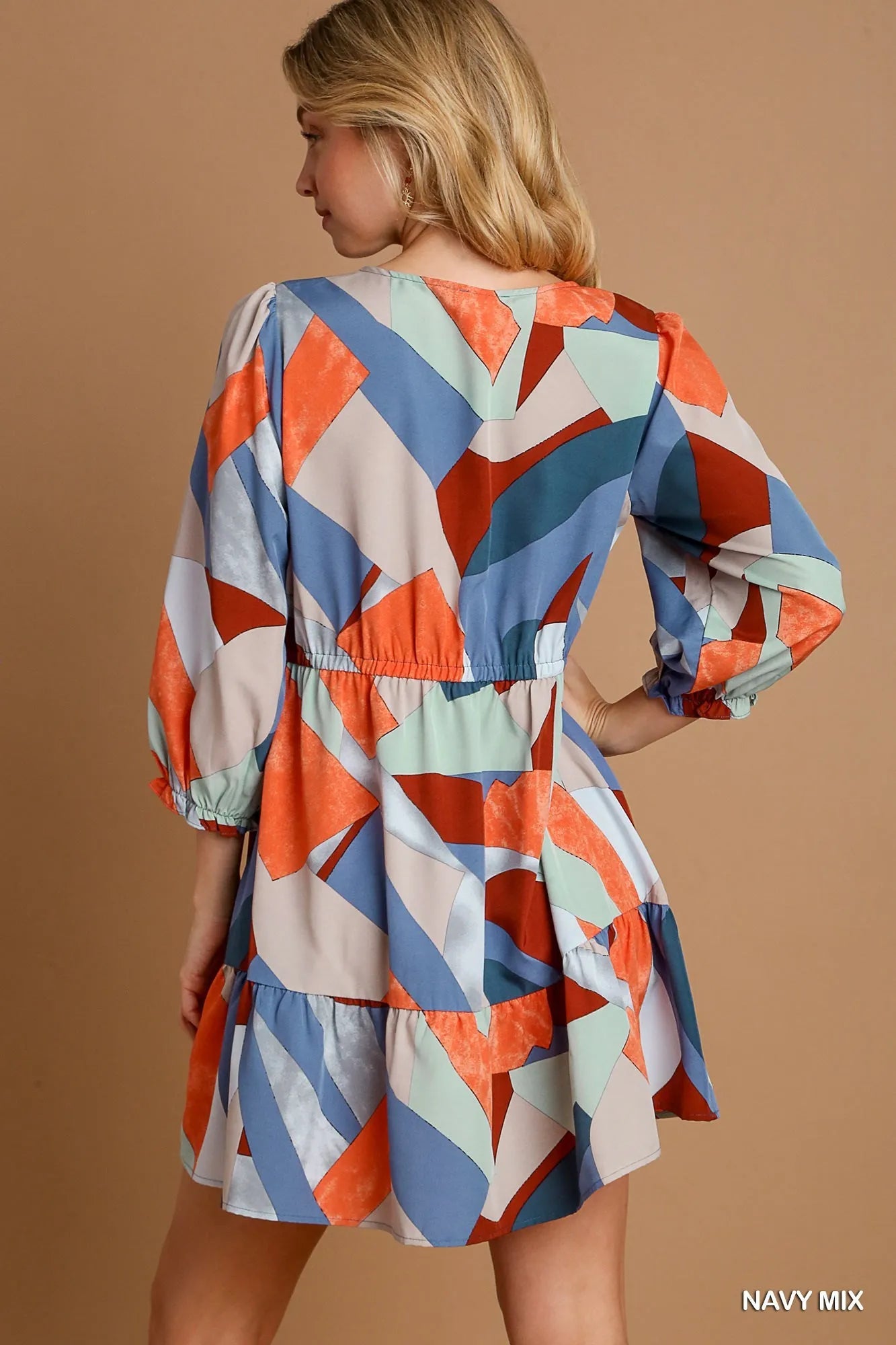 Umgee Abstract V-Neck Tiered Printed Dress - Farnelli