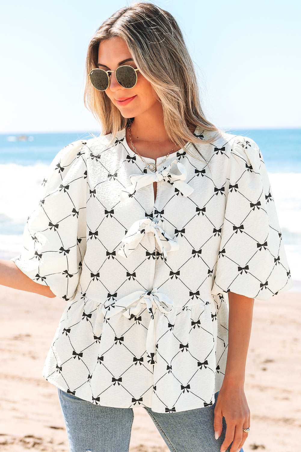 Ezra Bowknot Print Front Knots Bubble Sleeve Blouse - Farnelli