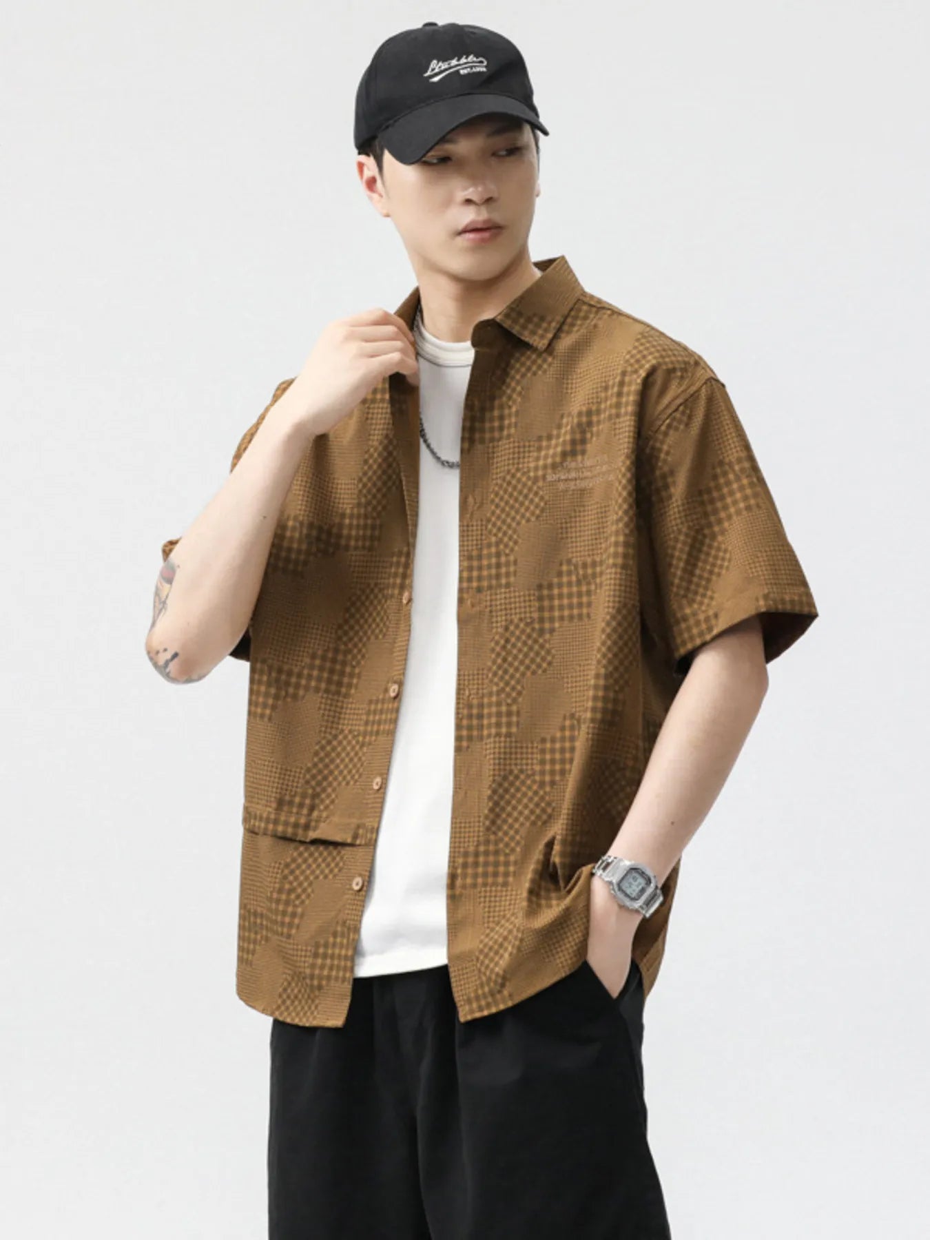 Men's Plus Size Plaid Button Up Short Sleeve Shirt - Farnelli