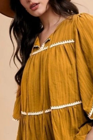 Annie Wear Tassel Contrast Trim Tie Neck Half Sleeve Tiered Dress - Farnelli