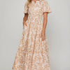 She + Sky Printed Notched Woven Tiered Pintuck Maxi Dress with Side Pockets - Apricot