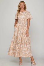 She + Sky Printed Notched Woven Tiered Pintuck Maxi Dress with Side Pockets - Farnelli