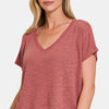 Zenana V-Neck Short Sleeve Crop T-Shirt - Winter Rose