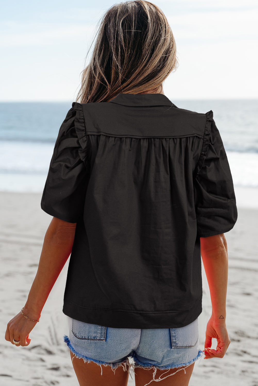 Analeia Frilly Puff Sleeve Stylish Collared Shirt - Farnelli