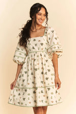 Davi & Dani Cactus Printed Poplin Contrast Piping Mini Dress - Farnelli