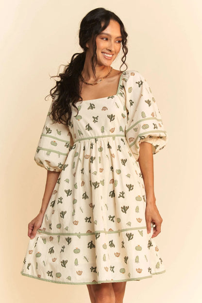 Davi & Dani Cactus Printed Poplin Contrast Piping Mini Dress - Farnelli