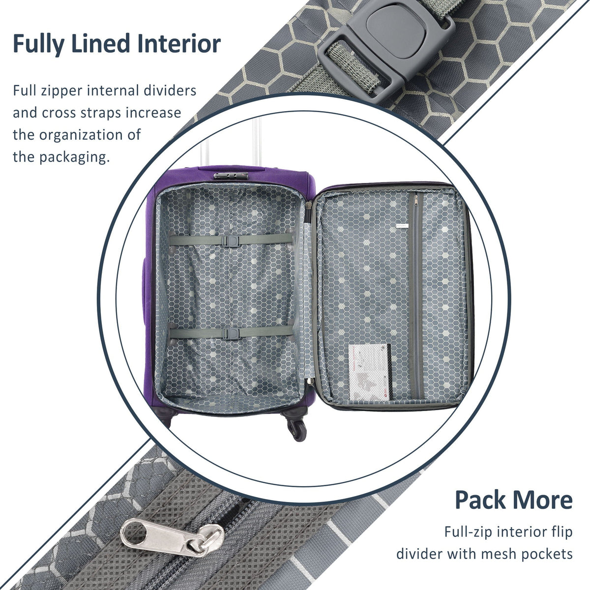 HouseOfZazla expandable softside luggage 3-piece set with spinner wheels in multiple colors