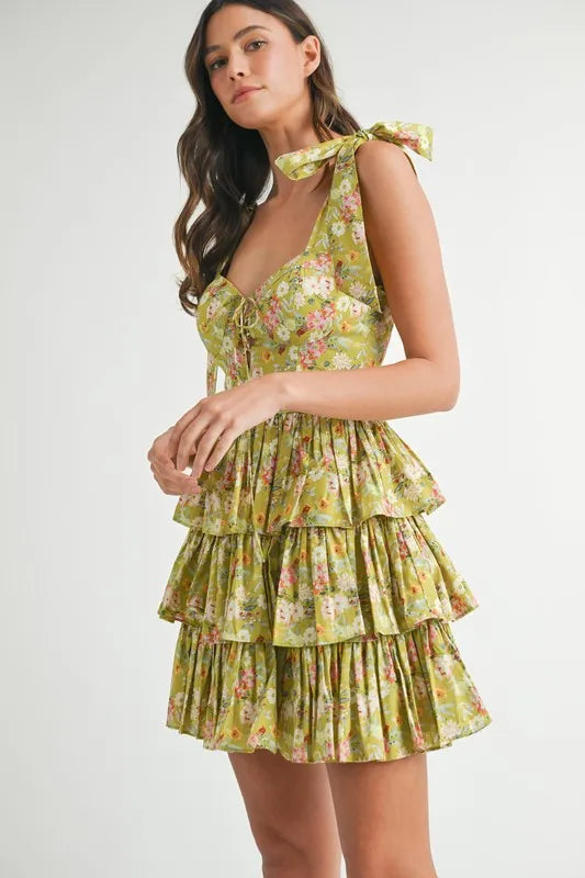MABLE Floral Print Shoulder Tie Layered Mini Dress - Farnelli