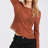 Mittoshop Lettuce Hem Boat Neck Long Sleeve Blouse - Caramel