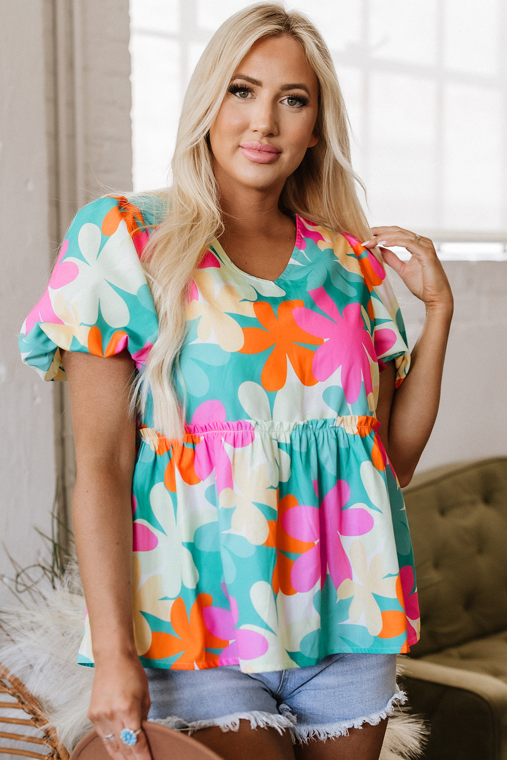 Rayne Floral V Neck Peplum Blouse - Farnelli