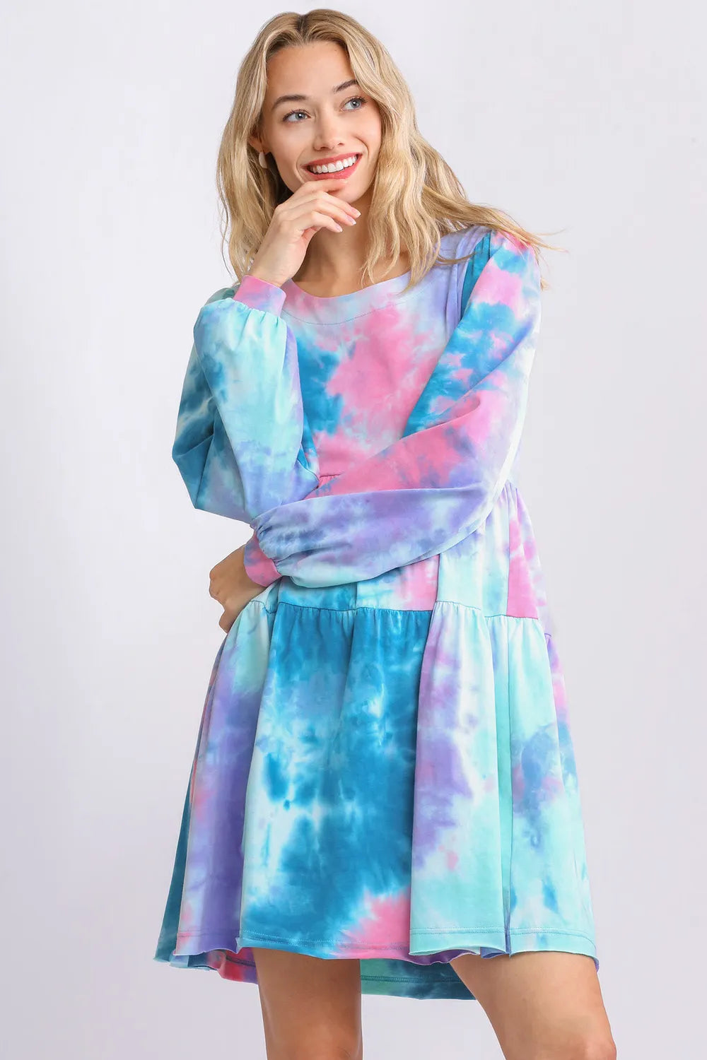 Umgee Full Size Tie Dye Round Neck Long Sleeve Babydoll Tiered Dress Plus Size - Farnelli