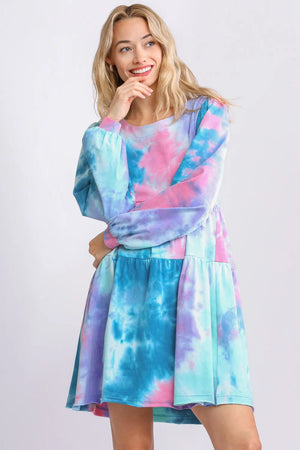 Umgee Full Size Tie Dye Round Neck Long Sleeve Babydoll Tiered Dress Plus Size - Farnelli