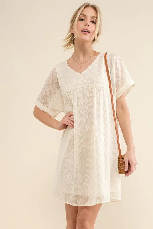 And The Why Woven Leopard Baby Doll Roll-Sleeve Casual Dress - Farnelli