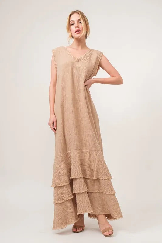 And The Why Washed Cotton Gauze Fringe Detail Tiered Dress - Farnelli