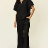 Double Take Full Size Texture Half Zip Short Sleeve Top and Pants Set - Black