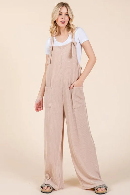 BOMBOM Knot Straps Wide Leg Ribbed Overalls with Pockets - Farnelli